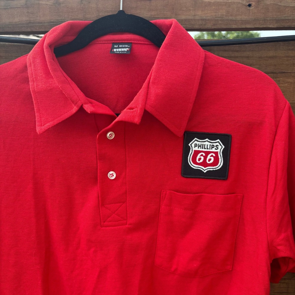 Screen Stars Polo Shirt Mens Medium Red Excellent Phillips 66 Patch Pocket Retro